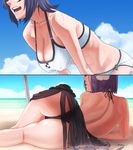  amino_(tn7135) ass back bad_anatomy beach bikini breasts cleavage cloud covered_nipples curvy day flower hair_flower hair_ornament hanging_breasts head_out_of_frame highres kantai_collection large_breasts lying multiple_girls ocean on_side open_mouth outdoors parted_lips purple_hair sand sarong shade short_hair sky swimsuit tatsuta_(kantai_collection) tenryuu_(kantai_collection) water wet wide_hips 