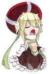  absurdres beret blonde_hair clione closed_eyes cototiworld frills gloves hat highres marker_(medium) music navel open_mouth simple_background singing skirt solo traditional_media yumekui_merry 