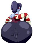  1girl anus ass ass_grab detached_sleeves huge_ass looking_back monochrome pussy red_eyes scarecorrode skullgirls solo spread_ass squigly_(skullgirls) stitched_mouth thecon zombie 