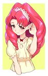  akagi_towa blush curly_hair dress go!_princess_precure hair_ornament hairband jewelry long_hair looking_at_viewer moudoku_(decopon3rd) necklace no_legs pointy_ears precure puffy_sleeves red_eyes red_hair shirt solo yellow_background 