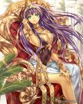  breasts company_name eikou_no_guardian_battle green_eyes highres jewelry large_breasts long_hair looking_at_viewer madogawa official_art purple_hair sitting solo throne 