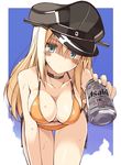  alcohol asahi_breweries beer beer_can bent_over bikini bismarck_(kantai_collection) blonde_hair blue_eyes blush breasts can cleavage cloud giving hat highres kantai_collection leaning_forward long_hair looking_at_viewer medium_breasts oota_yuuichi orange_bikini peaked_cap sky solo swimsuit 