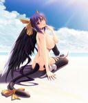  ass asymmetrical_wings beach blue_hair blush boots breasts cloud day dizzy guilty_gear hair_ribbon huge_breasts long_hair nipples outdoors rainbow red_eyes ribbon shiragi solo tail tail_ribbon thighhighs water wings 