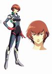  bodysuit brown_eyes brown_hair concept_art earrings hand_on_hip highres jewelry lips looking_at_viewer pilot_suit short_hair simple_background smile viola_guines zone_of_the_enders 