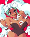  :p alternate_costume bare_shoulders between_breasts breasts bunnysuit cerebella_(skullgirls) cleavage curvy dark_skin female hat heart heart-shaped_pupils large_breasts playing_card simple_background skullgirls smile solo symbol-shaped_pupils tongue tongue_out vice-versa_(skullgirls) wide_hips 