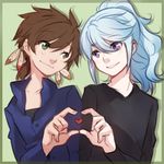  blue_hair brown_hair feathers green_eyes heart heart_hands heart_hands_duo lowres male_focus mikleo_(tales) multiple_boys ponytail purple_eyes smile sorey_(tales) spoilers tales_of_(series) tales_of_zestiria tusia yaoi 