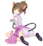  absurdres animal_ears ass brown_hair cat_ears cat_tail chinese_clothes cosplay fang green_eyes highres idolmaster idolmaster_cinderella_girls maekawa_miku no_socks ponytail shaomei_rin shaomei_rin_(cosplay) shining_(series) shining_hearts short_hair smile solo tail tail_through_clothes taka_(takahirokun) 