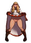  blonde_hair blush boots brown_gloves exhibitionism final_fantasy final_fantasy_tactics full_body gloves hair_over_shoulder hood knee_boots long_hair no_panties pigeon-toed pubic_hair pussy pussy_juice robe robe_lift solo standing sweat triuni twintails uncensored white_mage white_mage_(fft) 