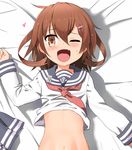  blush bottomless brown_eyes brown_hair fang hair_ornament hairclip happy heart ikazuchi_(kantai_collection) implied_sex kantai_collection long_sleeves lying mushi_gyouza navel on_back one_eye_closed open_mouth out-of-frame_censoring school_uniform serafuku shirt_lift short_hair skirt skirt_removed smile solo sweat 