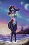  2015 anthro beach bra canine clothing female lighthouse mammal one_eye_closed sea seaside solo sowia thong underwear water wolf 