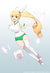  2015 :d ball blonde_hair breasts buruma company_name full_body gradient gradient_background green_eyes gym_uniform hair_ribbon kamo_kamen large_breasts lia_(soccer_spirits) long_hair long_legs open_mouth ponytail ribbon shoes smile sneakers soccer_ball soccer_spirits solo star thighhighs very_long_hair white_legwear 