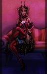  antelope anthro bow_tie breasts burlesque cabaret clothing collar corset elbow_gloves faun fingerless_gloves garter_belt gloves hair hat high_heels hooves horn legwear long_hair mahkara mammal pussy skirt sofa spots stockings stripes thigh_highs upskirt 