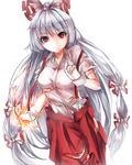  bad_id bad_pixiv_id fire fujiwara_no_mokou hair_ribbon highres long_hair red_eyes ribbon shiromoru_(yozakura_rety) silver_hair simple_background smile solo suspenders torn_clothes touhou very_long_hair white_background wrist_cuffs 