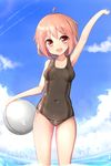  :d absurdres ahoge arm_up armpits ball bare_shoulders beachball black_swimsuit blue_sky brown_hair covered_navel day hair_ornament hairclip hanami_dango_(zzldango) highres ikazuchi_(kantai_collection) kantai_collection looking_at_viewer one-piece_swimsuit open_mouth short_hair sky smile solo swimsuit wading 