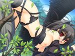  1girl black_hair breasts fang female nipples norita panties red_eyes short_hair underwear wings 