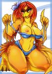  2015 5_fingers anthro avian bird blush breasts clothing female flower green_eyes hair katie_bree kneeling long_hair looking_at_viewer navel nipples one_eye_closed phoenix pinup plant pose red_hair solo spirale thick_thighs underwear undressing wide_hips 