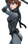  ass bodysuit breasts brown_hair cowboy_shot desert_eagle elbow_pads from_side green_eyes gun handgun headband izo_(bjc000510) lips meryl_silverburgh metal_gear_(series) metal_gear_solid nose short_hair sneaking_suit solo weapon 