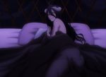  1girl albedo bare_shoulders bed black_hair blush breasts demon demon_girl female happy highres horns indoors large_breasts long_hair looking_at_viewer lying nude on_side overlord_(maruyama) pillow screencap simple_background slit_pupils smile solo stitched succubus yellow_eyes 