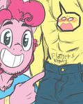  2015 abs anthro anthrofied blue_eyes blush clothing crossgender english_text equine fluttershy_(mlp) friendship_is_magic hair horse male mammal muscles my_little_pony nolycs pink_hair pinkie_pie_(mlp) pony smile text 