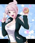  ;d alternate_color asahina_aoi breasts cleavage danganronpa danganronpa_1 doughnut fingernails food hair_ornament hairclip jacket large_breasts long_hair nanami_chiaki omagu one_eye_closed open_clothes open_jacket open_mouth pink_eyes pink_hair player_2 ponytail smile solo track_jacket 