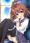  blush breasts brown_eyes brown_hair chair fang highres ikazuchi_(kantai_collection) kantai_collection knees_up long_hair nanpuu nipples no_bra panties panty_pull school_uniform serafuku shirt_lift sitting skirt small_breasts solo thighhighs underwear window 