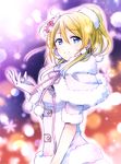  ayase_eli blonde_hair blue_eyes gloves light_smile looking_at_viewer love_live! love_live!_school_idol_project ponytail snow_halation snowflakes solo white_gloves yuzucky 