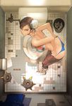  absurdres annoyed ass bad_perspective bathroom blue_panties boots bra breasts brown_eyes brown_hair chun-li double_bun highres ken_masters looking_at_viewer medium_breasts panties pants pantyhose sagat short_hair solo spiked_gauntlets street_fighter toilet toilet_paper trash_can underwear underwear_only voyeurism white_bra white_footwear woorona 