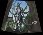  2015 anthro black_skin blue_eyes claws dragon erection grey_scales grey_skin horn male nude outside penis scalie solo tochka tree uncut vines 