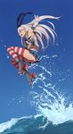  armpits ass bad_id bad_twitter_id blonde_hair day elbow_gloves full_body gloves hairband highres jpeg_artifacts jumping kantai_collection long_hair miniskirt ocean open_mouth outdoors outstretched_arm school_uniform serafuku shimakaze_(kantai_collection) skirt sky solo striped striped_legwear thighhighs underwear water white_gloves youmak 