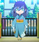  1girl blue_hair character_request floating fubukihime green_eyes japanese_clothes sandals sash screencap smile source_request tree youkai_watch 