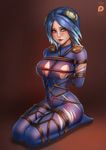  artist_request badcompzero blue_hair blush bodysuit breasts gradient gradient_background irelia jpeg_artifacts kneeling league_of_legends lipstick makeup rope short_hair sitting solo tied_up torn_clothes yellow_eyes 