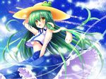  breasts crop_top crop_top_overhang green_hair hat kochiya_sanae long_hair medium_breasts navel open_mouth osashin_(osada) snake solo touhou underboob wind yellow_eyes 