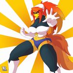 2015 5_fingers abstract_background anthro avian bird boots clothing footwear gloves hair katie_bree legwear lionalliance long_hair looking_at_viewer navel orange_hair phoenix pose simple_background solo standing stockings thigh_highs 