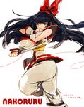  ainu_clothes black_hair bow breasts brown_eyes character_name dagger ekubo_(ciaobero) fighting_stance fingerless_gloves gloves hair_bow hairband long_hair medium_breasts nakoruru red_bow red_string reverse_grip samurai_spirits solo string weapon 