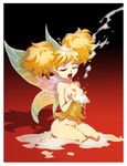  1girl blonde_hair breasts cum cumshot daga dragon&#039;s_crown dragon's_crown eyes_closed facial fairy gradient gradient_background nipples open_mouth pubic_hair sitting tiki_(dragon&#039;s_crown) tiki_(dragon's_crown) twintails wings 