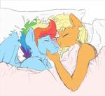  2015 anthro anthrofied applejack_(mlp) bed blonde_hair blush crossgender duo equine eyes_closed female freckles friendship_is_magic hair horse kissing lying male male/female mammal messy_hair multicolored_hair my_little_pony nolycs pegasus pillow pony rainbow_dash_(mlp) rainbow_hair wings 