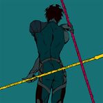  ass black_hair contrapposto dual_wielding facing_away fate/zero fate_(series) from_behind gae_buidhe gae_dearg holding holding_weapon j_(onjj) lancer_(fate/zero) male_focus polearm solo spear spiked_hair standing teal_background weapon 