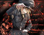  armband background_text bangs black_neckwear blonde_hair buttons commentary eyebrows_visible_through_hair german gloves hair_between_eyes hand_on_headwear hand_on_hip hat iron_cross karo-chan long_hair long_sleeves looking_at_viewer military military_uniform nazi necktie open_mouth original peaked_cap red_eyes reichsadler sigrunen silver_trim skull smile solo ss_insignia swastika totenkopf translated uniform white_gloves world_war_ii 