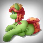  2015 absurd_res anthro anus butt cutie_mark derpah equine feral friendship_is_magic fur green_fur hi_res horse lying mammal my_little_pony pony presenting presenting_hindquarters pussy simple_background smile tree_hugger_(mlp) 