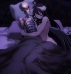  1girl ahoge albedo bare_shoulders bed black_hair blush breasts dakimakura demon demon_girl half-closed_eyes happy highres holding horns indoors large_breasts long_hair looking_at_viewer lying nude on_side open_mouth overlord_(maruyama) pillow screencap simple_background skeleton slit_pupils stitched succubus wings yellow_eyes 