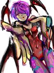  animal_print bare_shoulders bat_print bridal_gauntlets covered_navel demon_girl ekubo_(ciaobero) flat_chest hair_over_one_eye leotard lilith_aensland looking_at_viewer nail_polish outstretched_arms pantyhose print_legwear red_eyes short_hair solo succubus thigh_gap vampire_(game) 