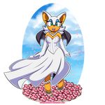  barefoot blue_eyes breasts cleavage clothed clothing dress ear_piercing female flower necklace omegasunburst_(artist) piercing plant rouge_the_bat solo sonic_(series) wings 