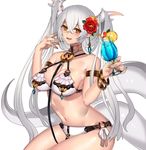  :d bikini blue_hawaii breasts cleavage cup dragon_girl dragon_horns dragon_tail drinking_glass drinking_straw earrings flower food fruit hair_flower hair_ornament hibiscus horns huge_breasts ice ice_cube jewelry katagiri_hachigou leash lemon lemon_slice long_hair looking_at_viewer nail_polish navel open_mouth orange_nails original simple_background slit_pupils smile solo swimsuit tail tropical_drink white_background white_bikini white_hair yellow_eyes 