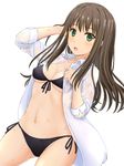  bikini blush breasts brown_hair green_eyes hand_in_hair highres idolmaster idolmaster_cinderella_girls inanaki_shiki long_hair looking_at_viewer medium_breasts navel open_clothes open_mouth open_shirt shibuya_rin shirt simple_background solo stomach swimsuit 