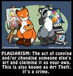  anthro blue_eyes camera canine computer drawing english_text fox green_eyes mammal o-kemono painting plagiarism printer raccoon text 