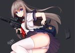  allenes assault_rifle bag blue_eyes commentary_request gun heckler_&amp;_koch hk416 long_hair original panties pantyshot rifle school_uniform serafuku silver_hair skirt solo thighhighs underwear weapon white_legwear white_panties 