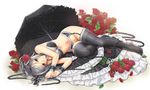  bra breasts brown_eyes drill_hair flower garter_belt highres idolmaster idolmaster_cinderella_girls kanzaki_ranko kazu long_hair lying medium_breasts no_panties on_side parasol rose silver_hair solo thighhighs twin_drills twintails umbrella underwear 