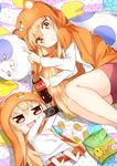  barefoot blonde_hair chibi chips cola doma_umaru dual_persona food hamster_costume handheld_game_console highres himouto!_umaru-chan komaru long_hair lying multiple_girls on_back on_side orange_eyes pillow playstation_portable potato_chips smile sylphine very_long_hair 