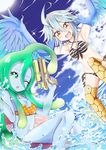  :d ahoge armpits arms_up bikini blue_hair blue_skin blue_wings breasts cleavage feathered_wings feathers goo_girl green_eyes green_hair harpy highres innertube md5_mismatch medium_breasts monster_girl monster_musume_no_iru_nichijou multiple_girls navel one_eye_closed open_mouth orange_eyes out_of_character papi_(monster_musume) polka_dot polka_dot_bikini polka_dot_swimsuit side-tie_bikini smile striped striped_bikini super_soaker suu_(monster_musume) swimsuit sylphine trigger_discipline water water_gun weapon wings 