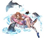  armlet ass bikini blue_eyes bracelet braid brown_hair bubble derivative_work dolphin granblue_fantasy hat jewelry lecia_(granblue_fantasy) long_hair minaba_hideo official_art peaked_cap sandals simple_background swimsuit third-party_edit water 
